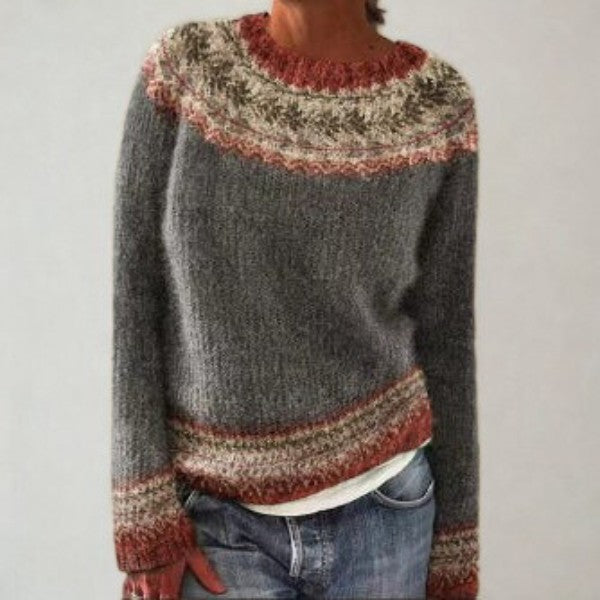 Damen-Norwegerpullover mit Rundhals und Jacquardmuster im Retro-Stil in Grau