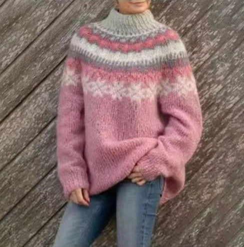 Damen-Norwegerpullover mit Rundhals und Passenmuster aus dickem Strick in Rosa