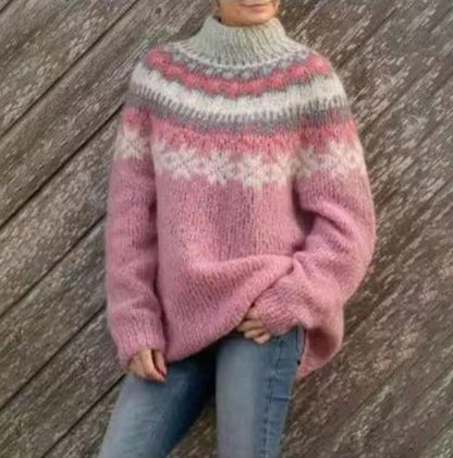 Damen-Norwegerpullover mit Rundhals und Passenmuster aus dickem Strick in Rosa