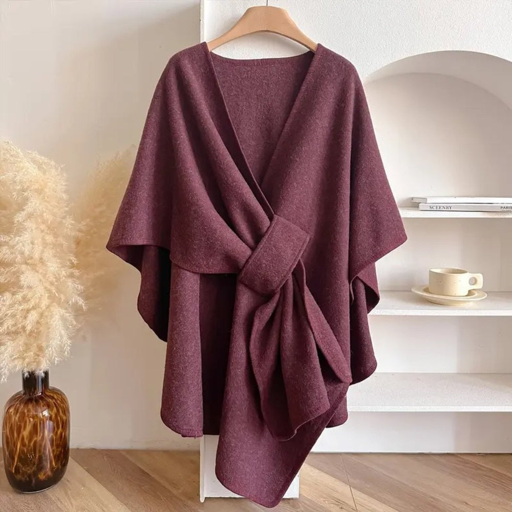 Damen-Poncho aus Wollmischung zum Wickeln, als Cape, Schal oder Überwurf tragbar in Rosenrot