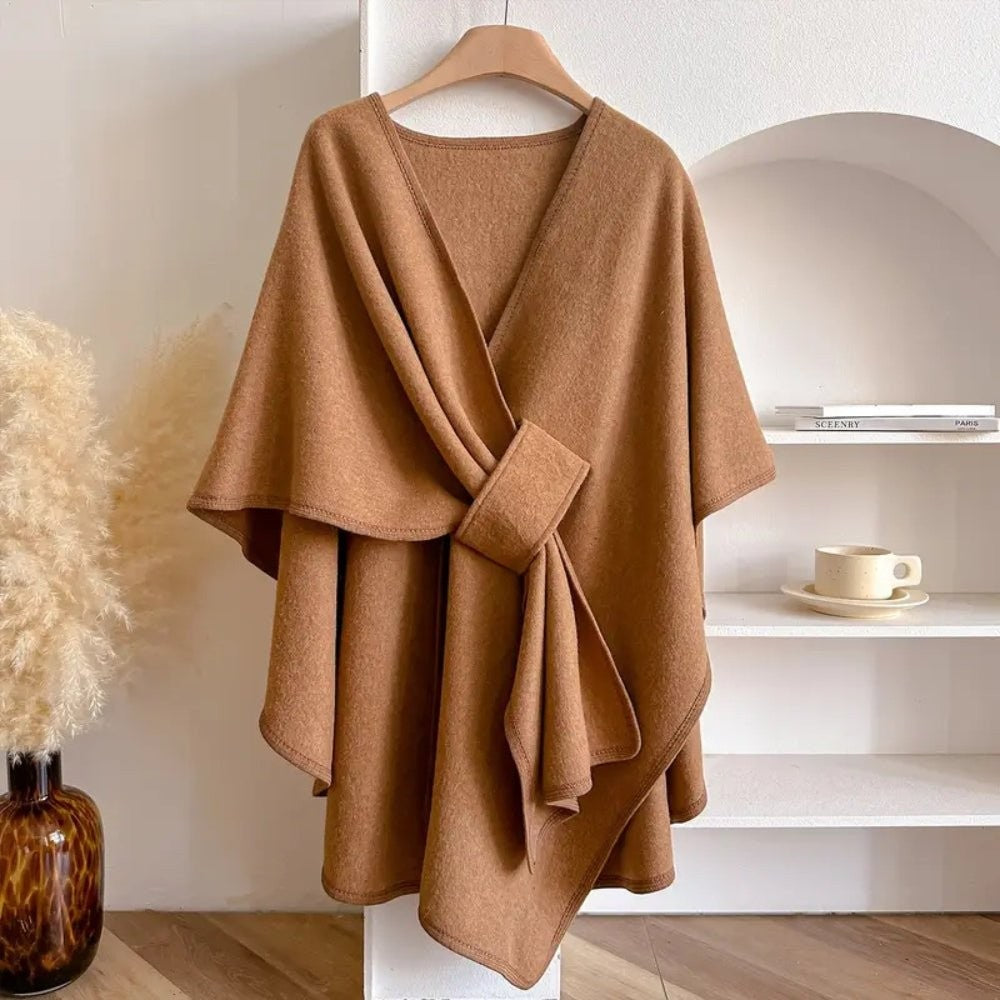 Damen-Poncho aus Wollmischung zum Wickeln, als Cape, Schal oder Überwurf tragbar in Khaki