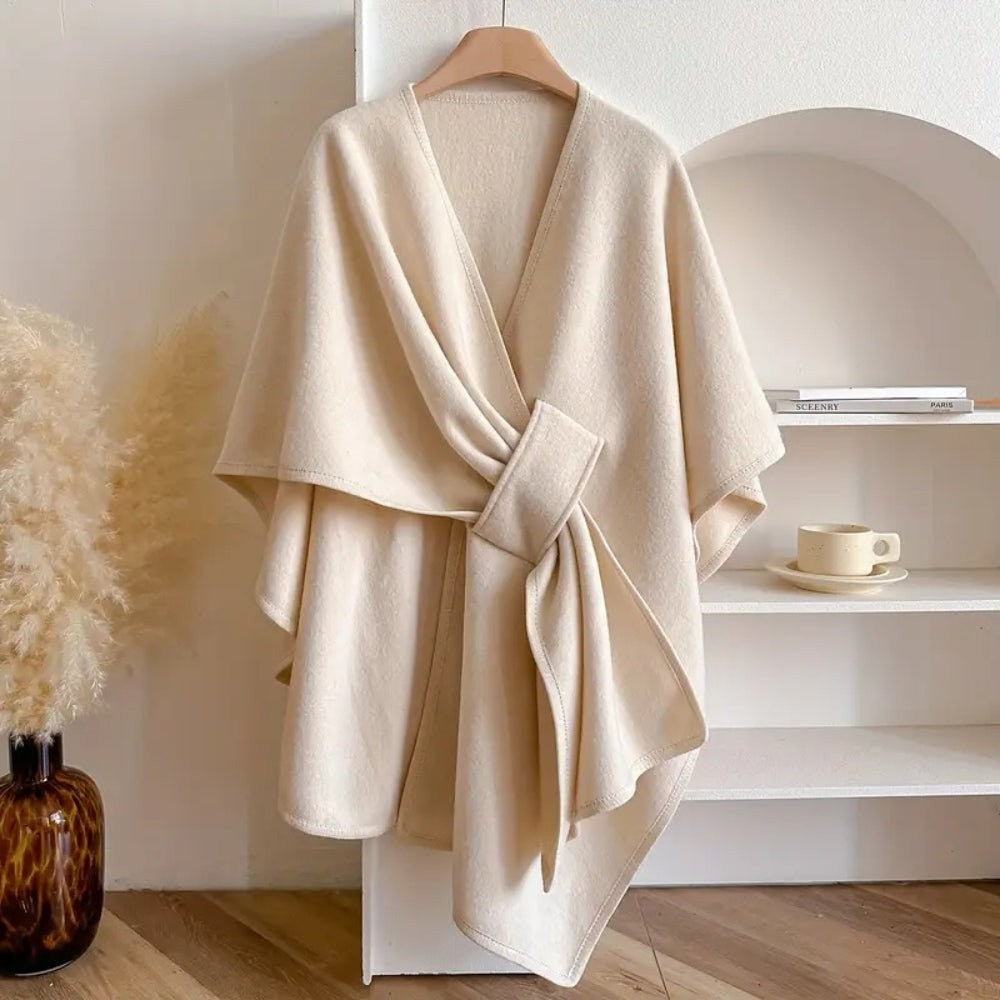 Damen-Poncho aus Wollmischung zum Wickeln, als Cape, Schal oder Überwurf tragbar in Creme