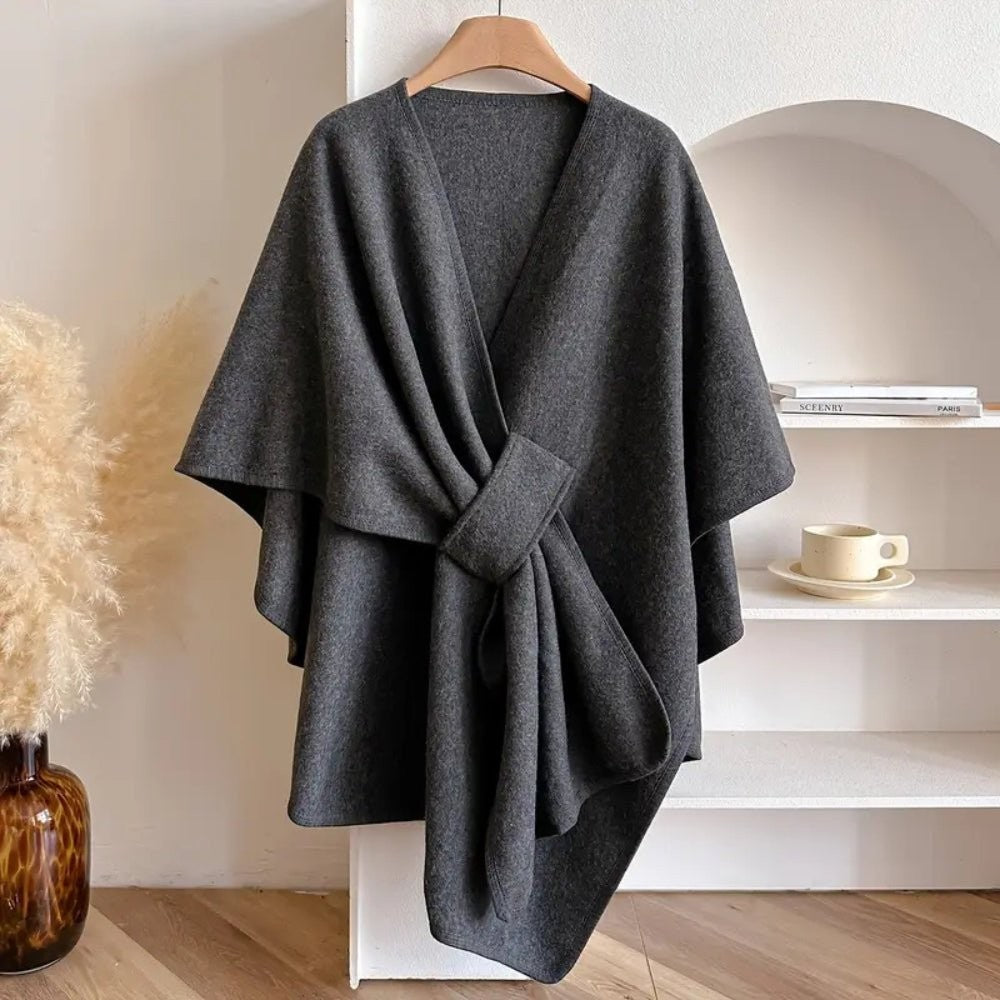 Damen-Poncho aus Wollmischung zum Wickeln, als Cape, Schal oder Überwurf tragbar in Dunkelgrau