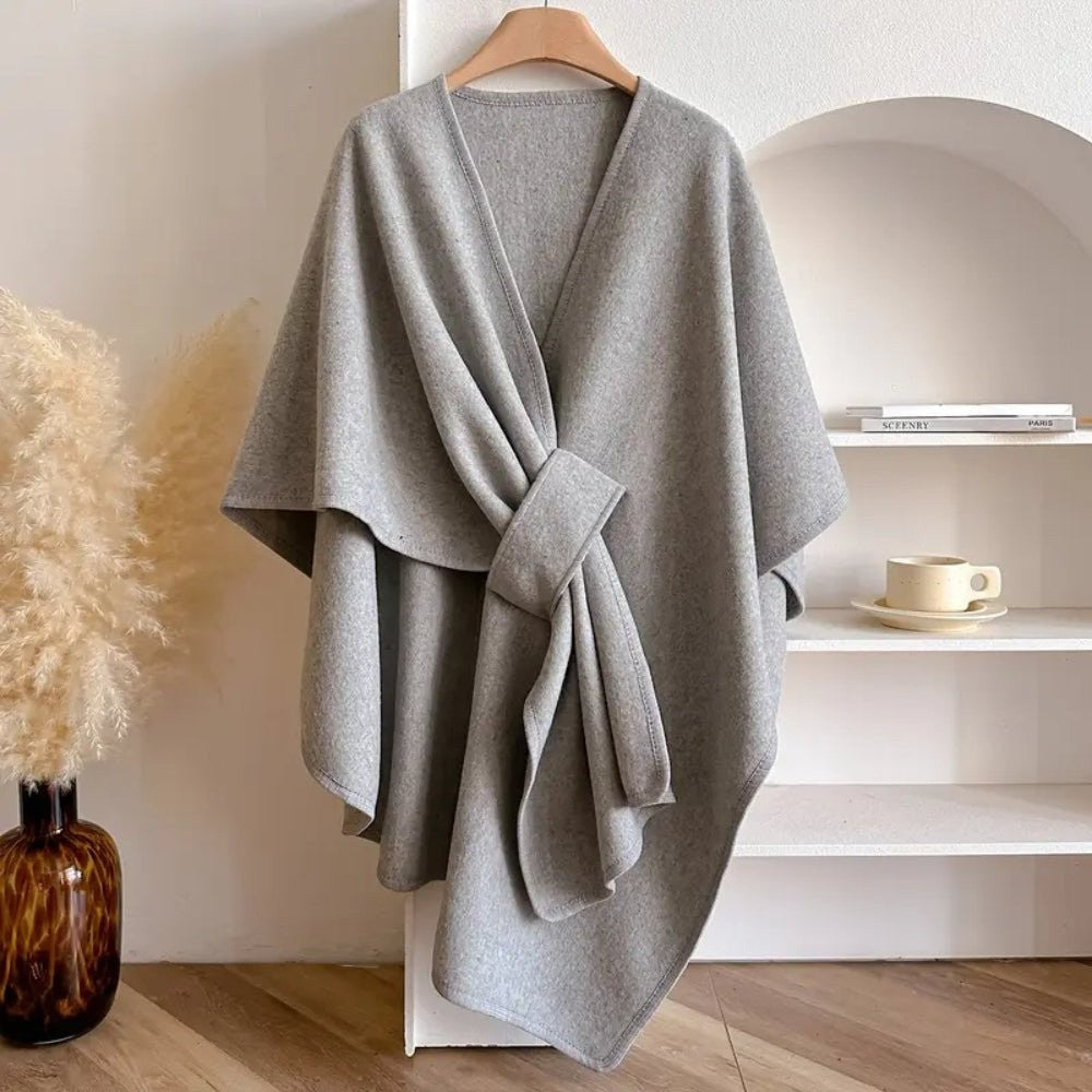 Damen-Poncho aus Wollmischung zum Wickeln, als Cape, Schal oder Überwurf tragbar in Grau