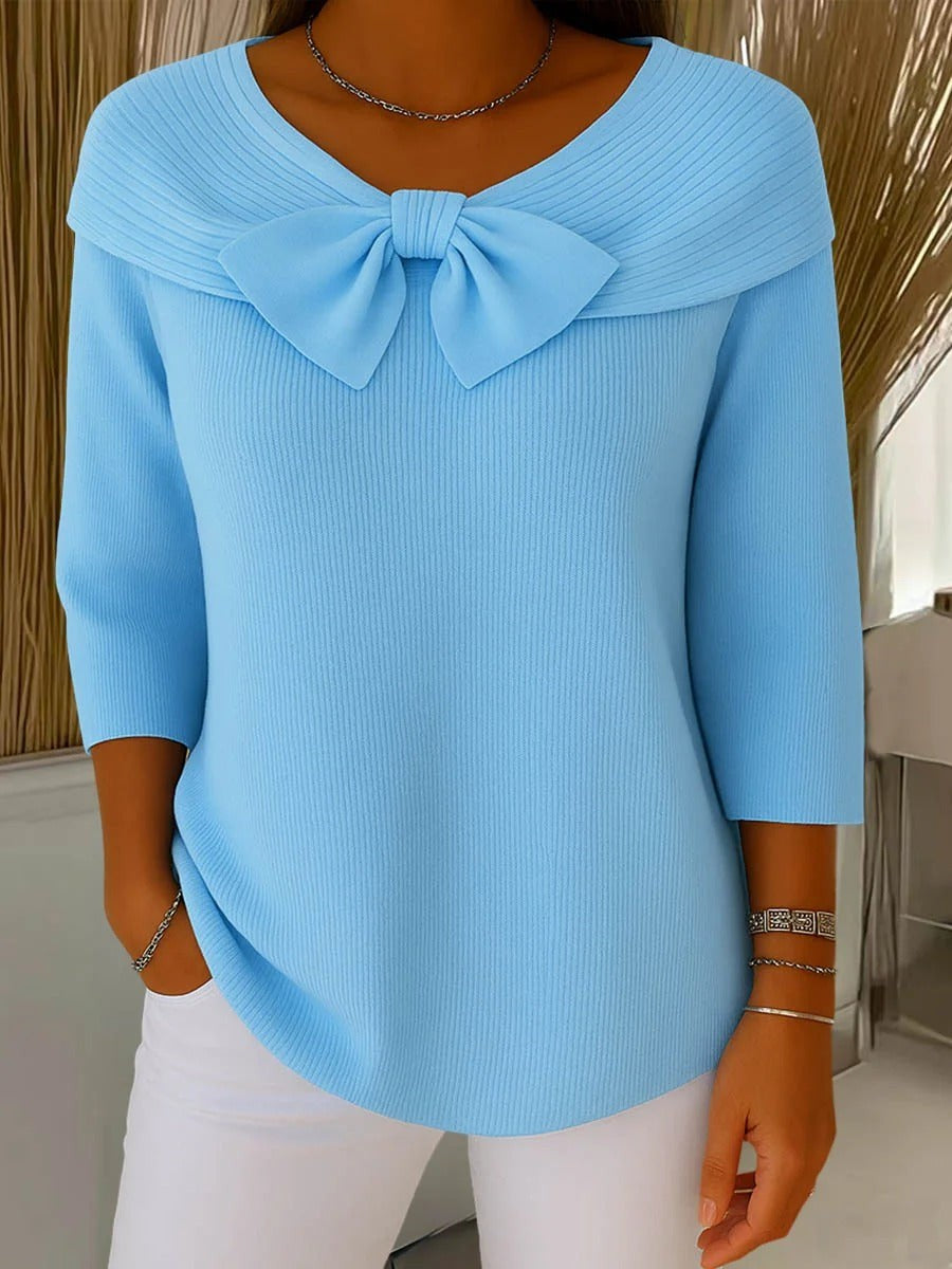 Damen-Rippstrickpullover mit Schleife, breitem Kragen und Dreiviertelärmeln in Blau