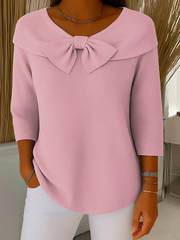 Damen-Rippstrickpullover mit Schleife, breitem Kragen und Dreiviertelärmeln in Pink