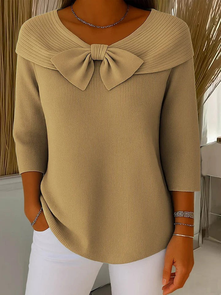 Damen-Rippstrickpullover mit Schleife, breitem Kragen und Dreiviertelärmeln in Khaki