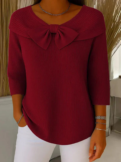 Damen-Rippstrickpullover mit Schleife, breitem Kragen und Dreiviertelärmeln in Rot