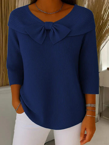 Damen-Rippstrickpullover mit Schleife, breitem Kragen und Dreiviertelärmeln in Dunkelblau