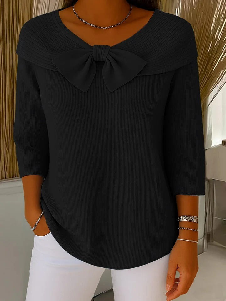 Damen-Rippstrickpullover mit Schleife, breitem Kragen und Dreiviertelärmeln in Schwarz