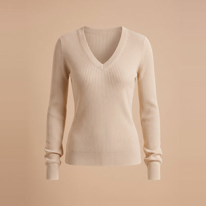 Damen-Rippstrickpullover mit V-Ausschnitt in Creme, Vorderansicht