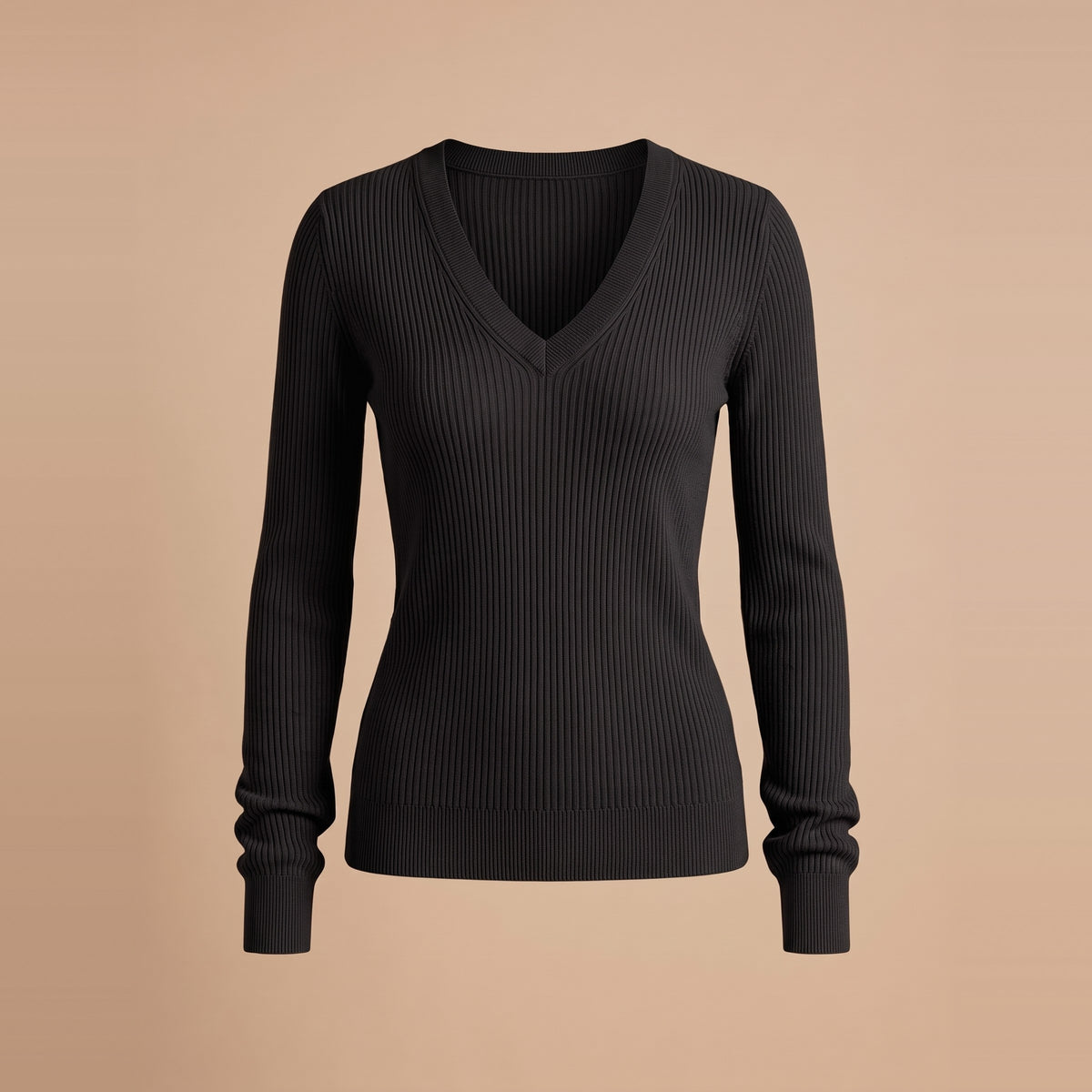Damen-Rippstrickpullover mit V-Ausschnitt in Schwarz, Vorderansicht