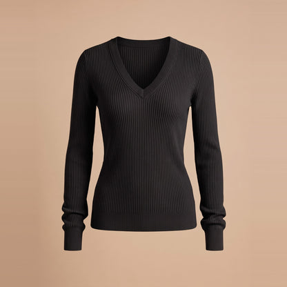Damen-Rippstrickpullover mit V-Ausschnitt in Schwarz, Vorderansicht