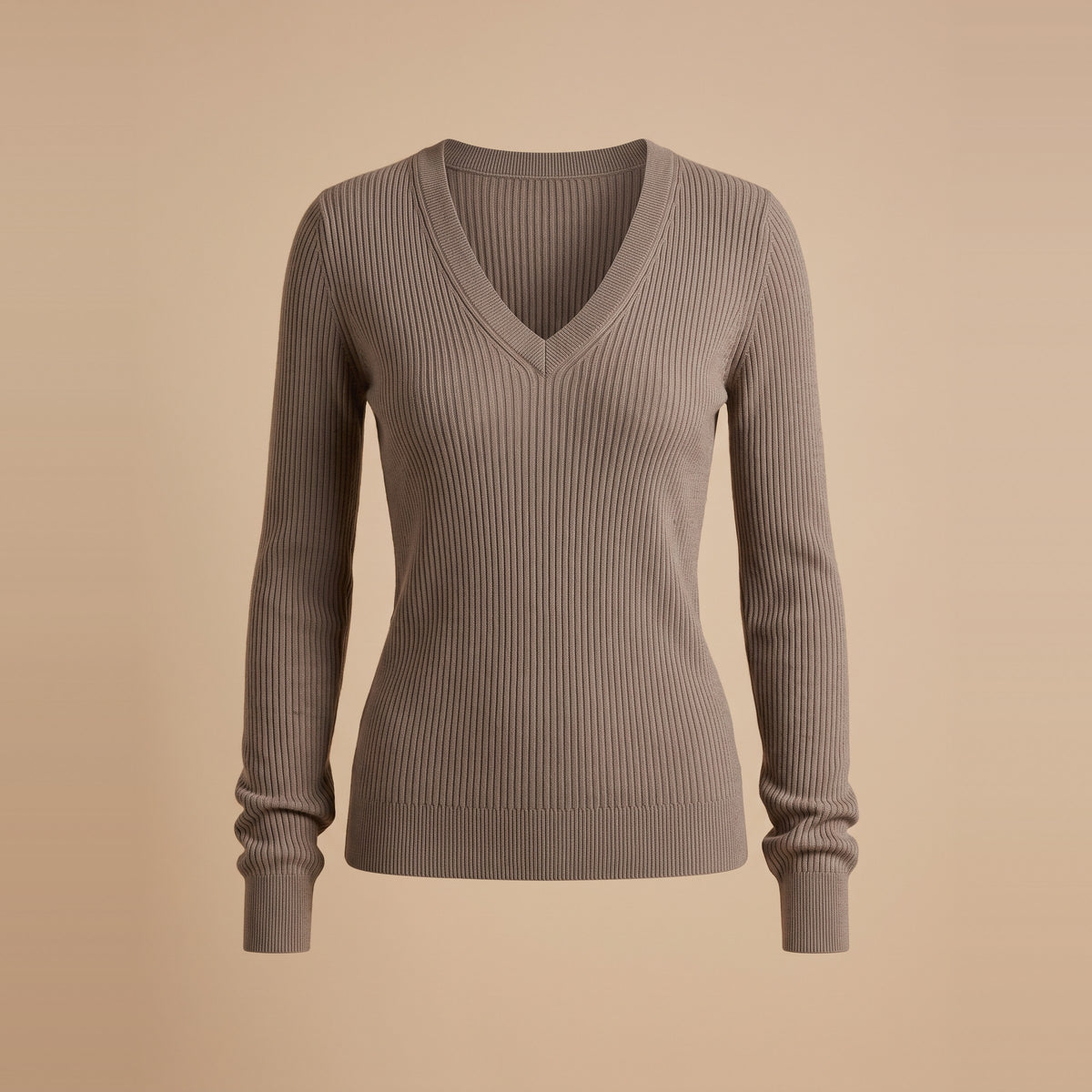 Damen-Rippstrickpullover mit V-Ausschnitt in Taupe, Vorderansicht