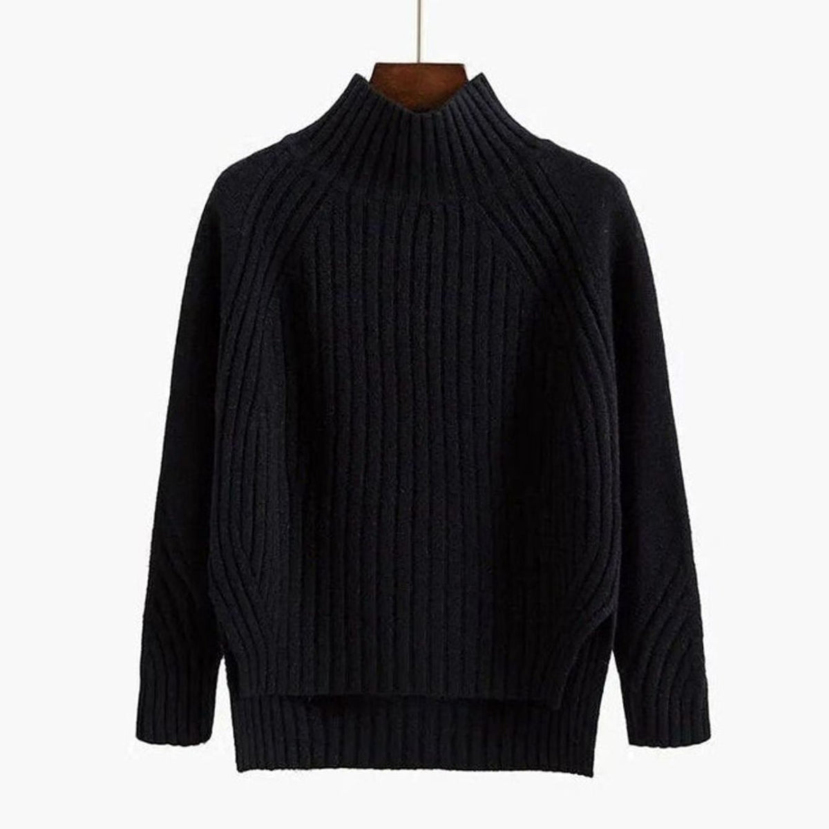 Damen-Rollkragenpullover aus Rippstrick mit Raglanärmeln und Seitenschlitzen in Schwarz