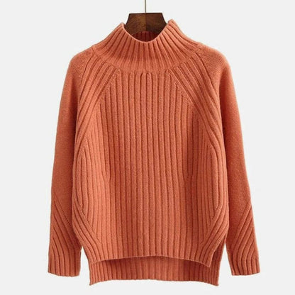 Damen-Rollkragenpullover aus Rippstrick mit Raglanärmeln und Seitenschlitzen in Orange