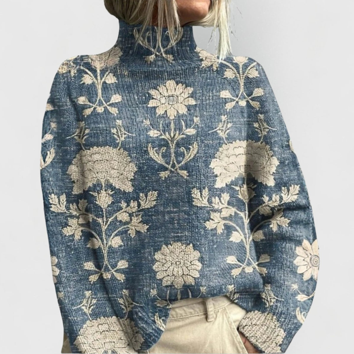 Damen-Rollkragenpullover aus Strick mit Blumen- und Naturmotiv und Rippbündchen in Hellblau