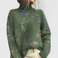 Damen-Rollkragenpullover aus Strick mit Blumen- und Naturmotiv und Rippbündchen