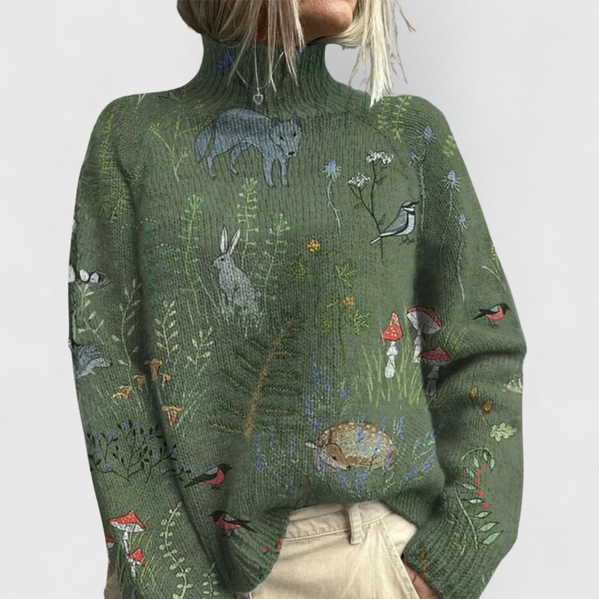 Damen-Rollkragenpullover aus Strick mit Blumen- und Naturmotiv und Rippbündchen in Grün