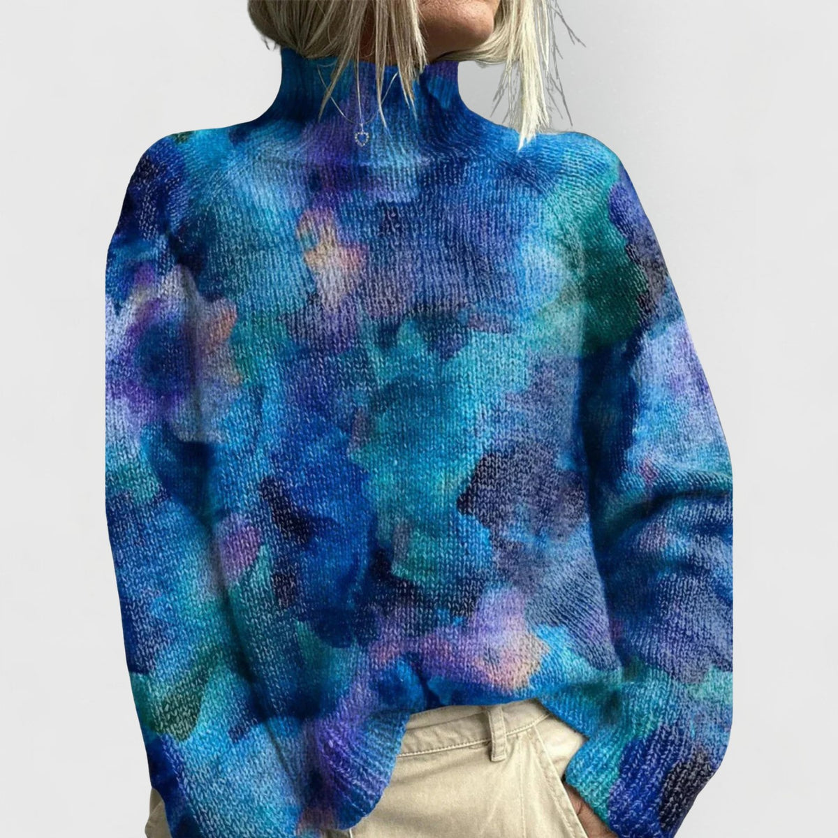 Damen-Rollkragenpullover aus Strick mit Blumen- und Naturmotiv und Rippbündchen in Blau