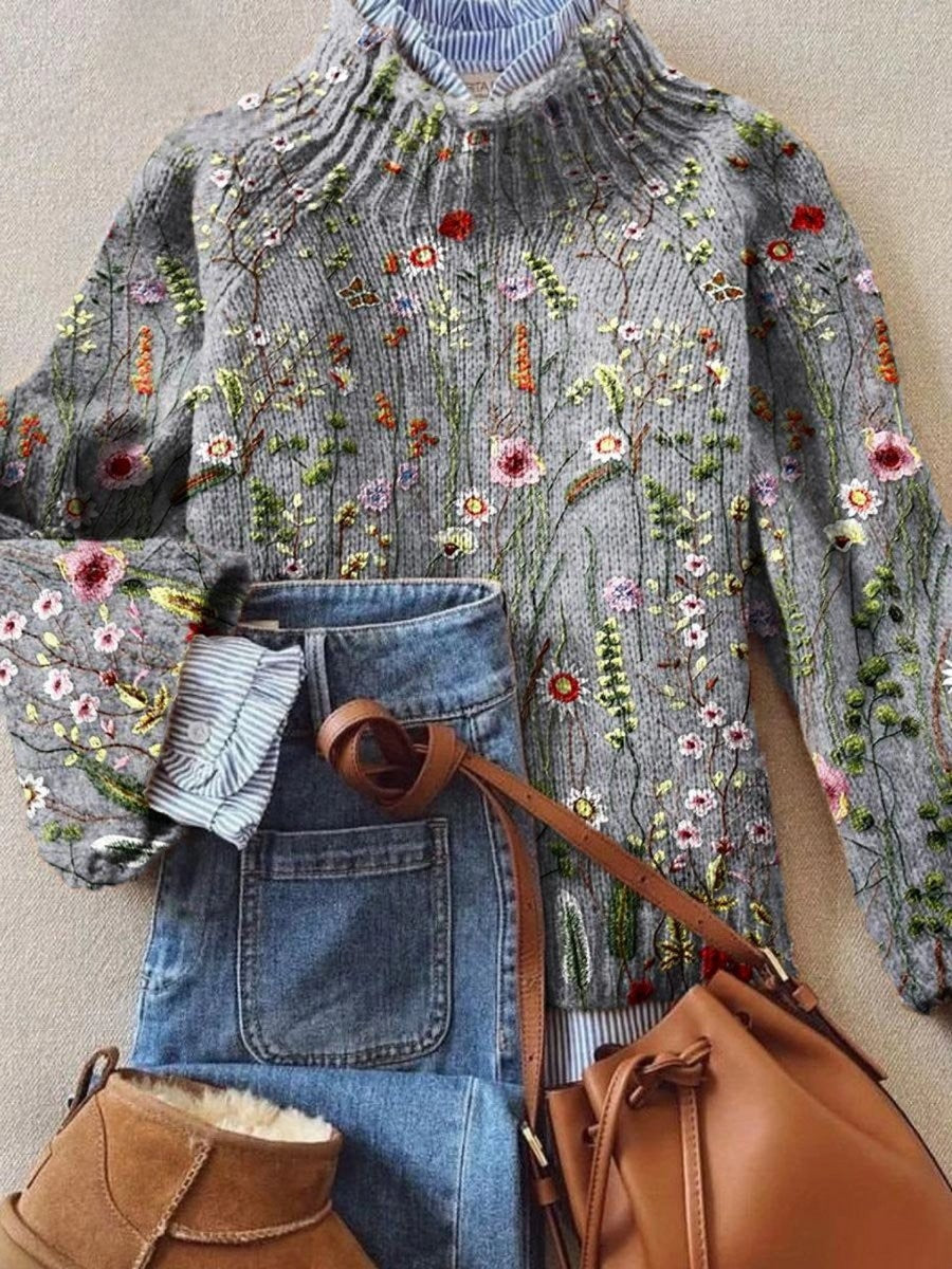 Damen-Rollkragenpullover mit Blumenstickerei und lockerer Passform in Mehrfarbig
