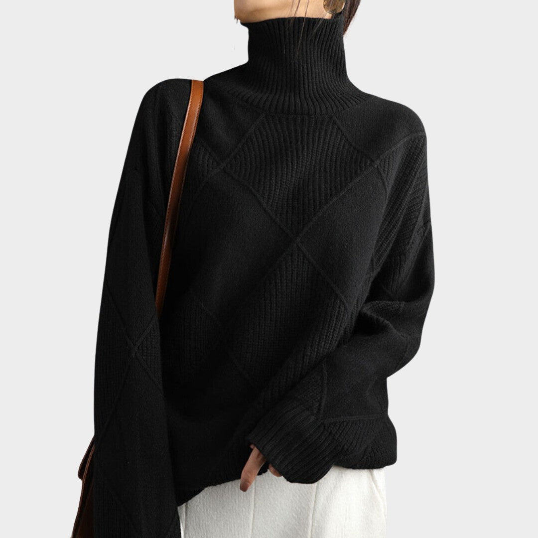 Damen-Rollkragenpullover mit Rautenmuster in Rippstrick und überschnittenen Schultern in Schwarz