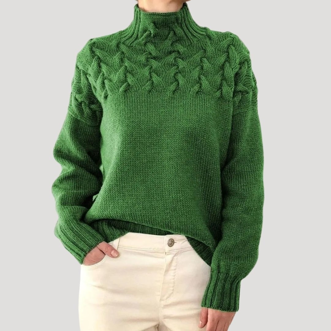 Damen-Rollkragenpullover mit Zopfmuster an der Passe und lockerer Passform in Grün