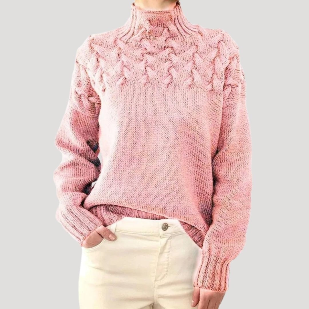 Damen-Rollkragenpullover mit Zopfmuster an der Passe und lockerer Passform in Rosa