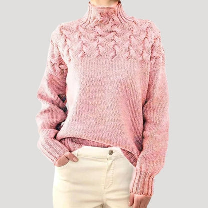 Damen-Rollkragenpullover mit Zopfmuster an der Passe und lockerer Passform in Rosa