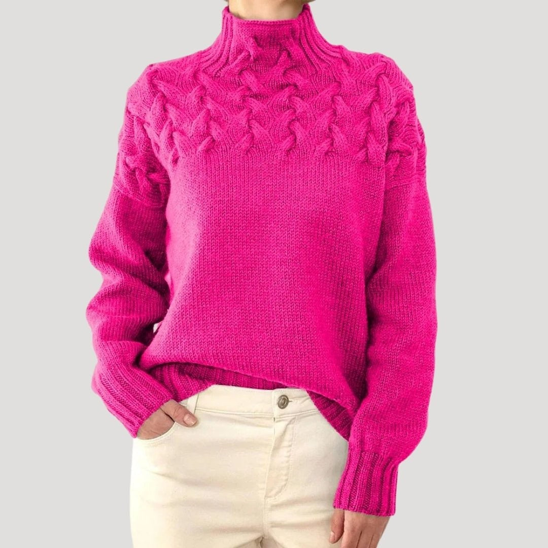 Damen-Rollkragenpullover mit Zopfmuster an der Passe und lockerer Passform in Pink