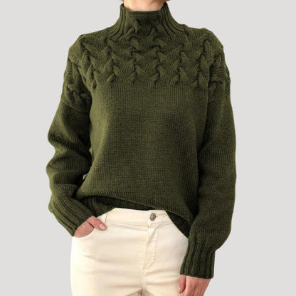 Damen-Rollkragenpullover mit Zopfmuster an der Passe und lockerer Passform in Dunkelgrün