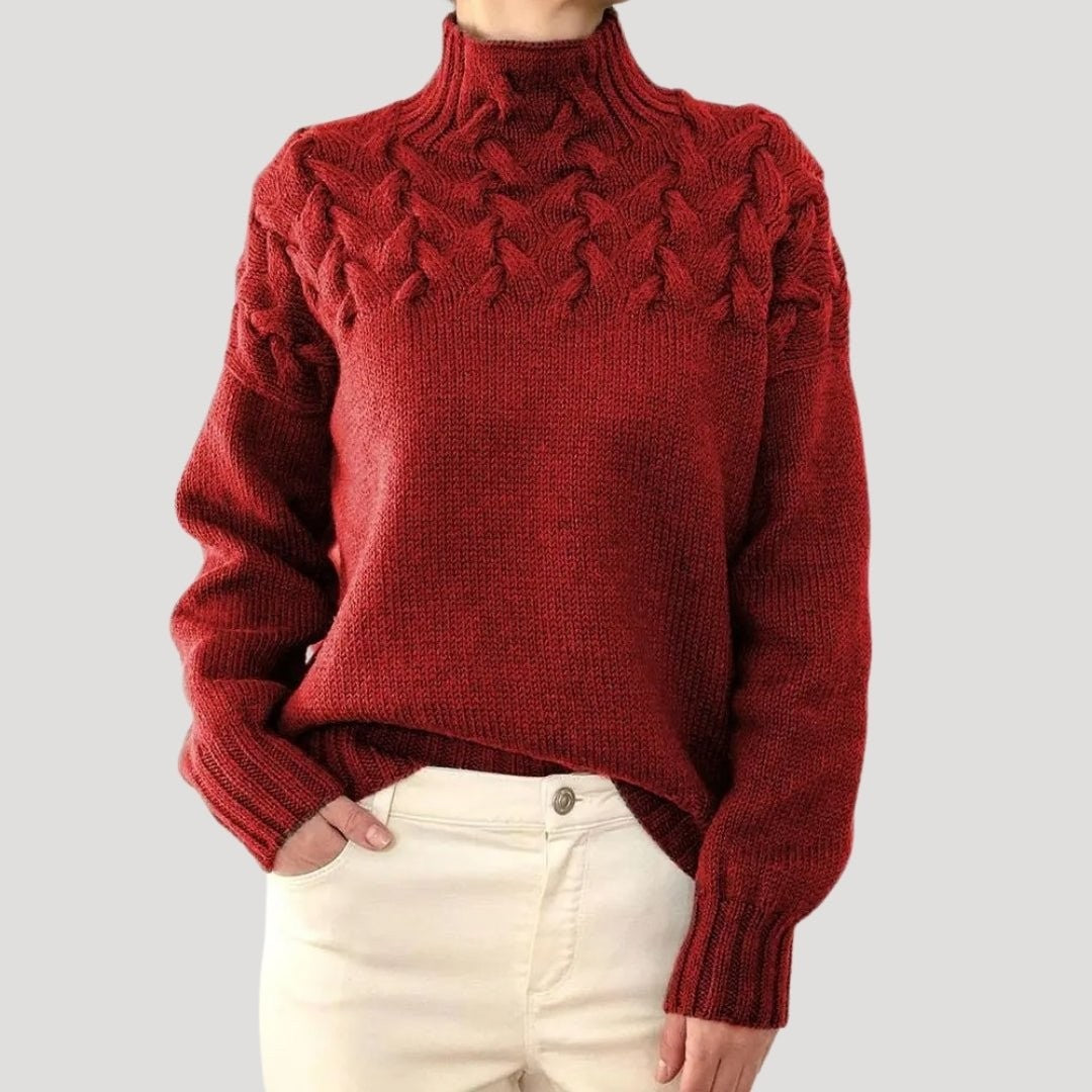 Damen-Rollkragenpullover mit Zopfmuster an der Passe und lockerer Passform in Rot