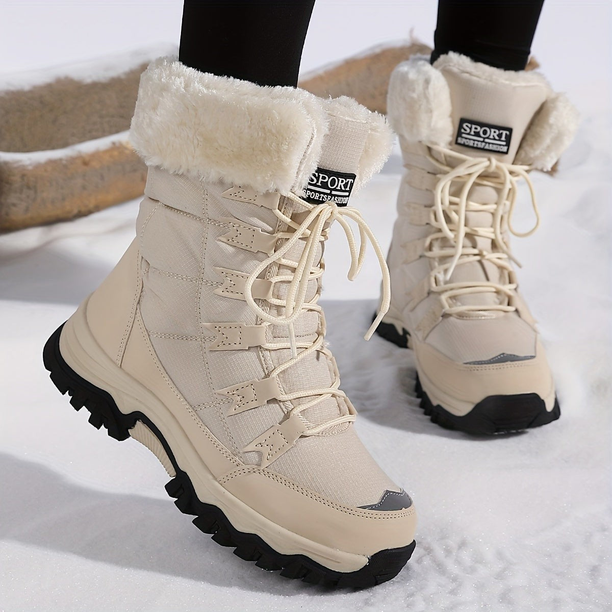 Damen-Schnürwinterstiefel mit Kunstfellrand, weichem Futter und griffiger Gummisohle in Beige