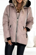 Damen-Steppjacke mit Kapuze, Rautensteppung und Stehkragen in Hüftlänge
