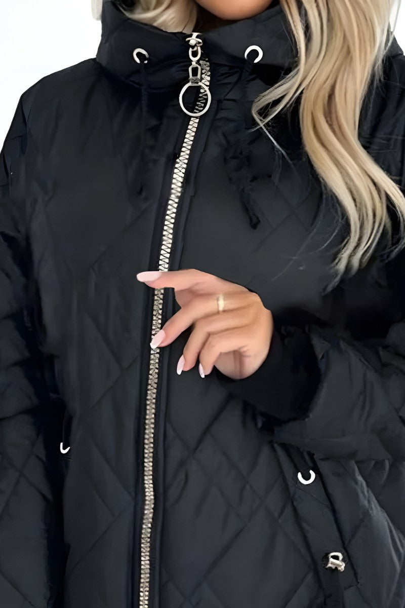 Damen-Steppjacke mit Kapuze, Rautensteppung und Stehkragen in Hüftlänge, Ansicht 5