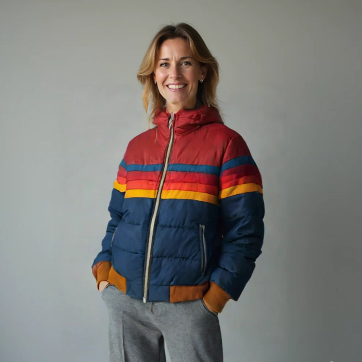 Damen-Steppjacke mit Kapuze, Retro-Streifen und Reißverschlusstaschen für den Winter, Ansicht 4