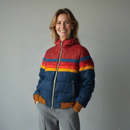 Damen-Steppjacke mit Kapuze, Retro-Streifen und Reißverschlusstaschen für den Winter, Ansicht 4