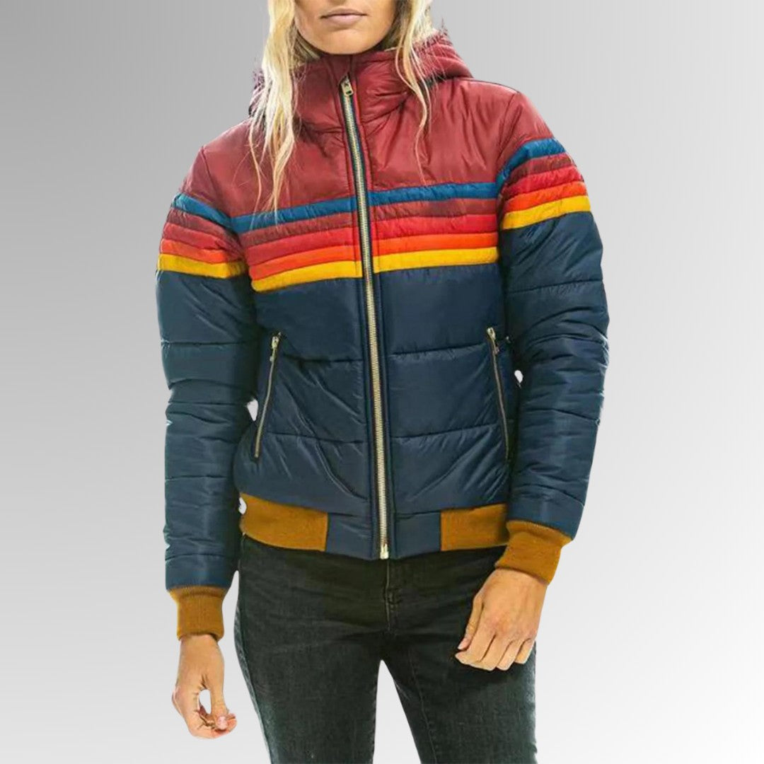 Damen-Steppjacke mit Kapuze, Retro-Streifen und Reißverschlusstaschen für den Winter in Blau