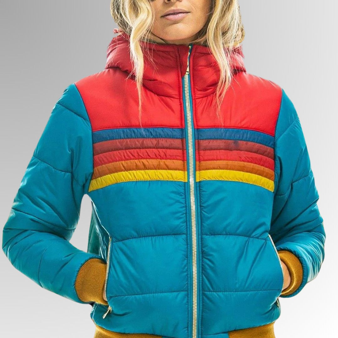 Damen-Steppjacke mit Kapuze, Retro-Streifen und Reißverschlusstaschen für den Winter in Hellblau