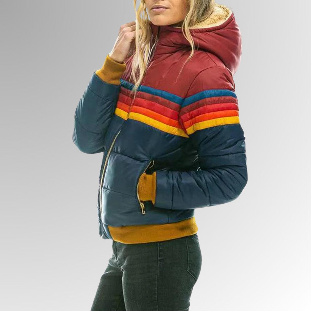 Damen-Steppjacke mit Kapuze, Retro-Streifen und Reißverschlusstaschen für den Winter, Ansicht 5