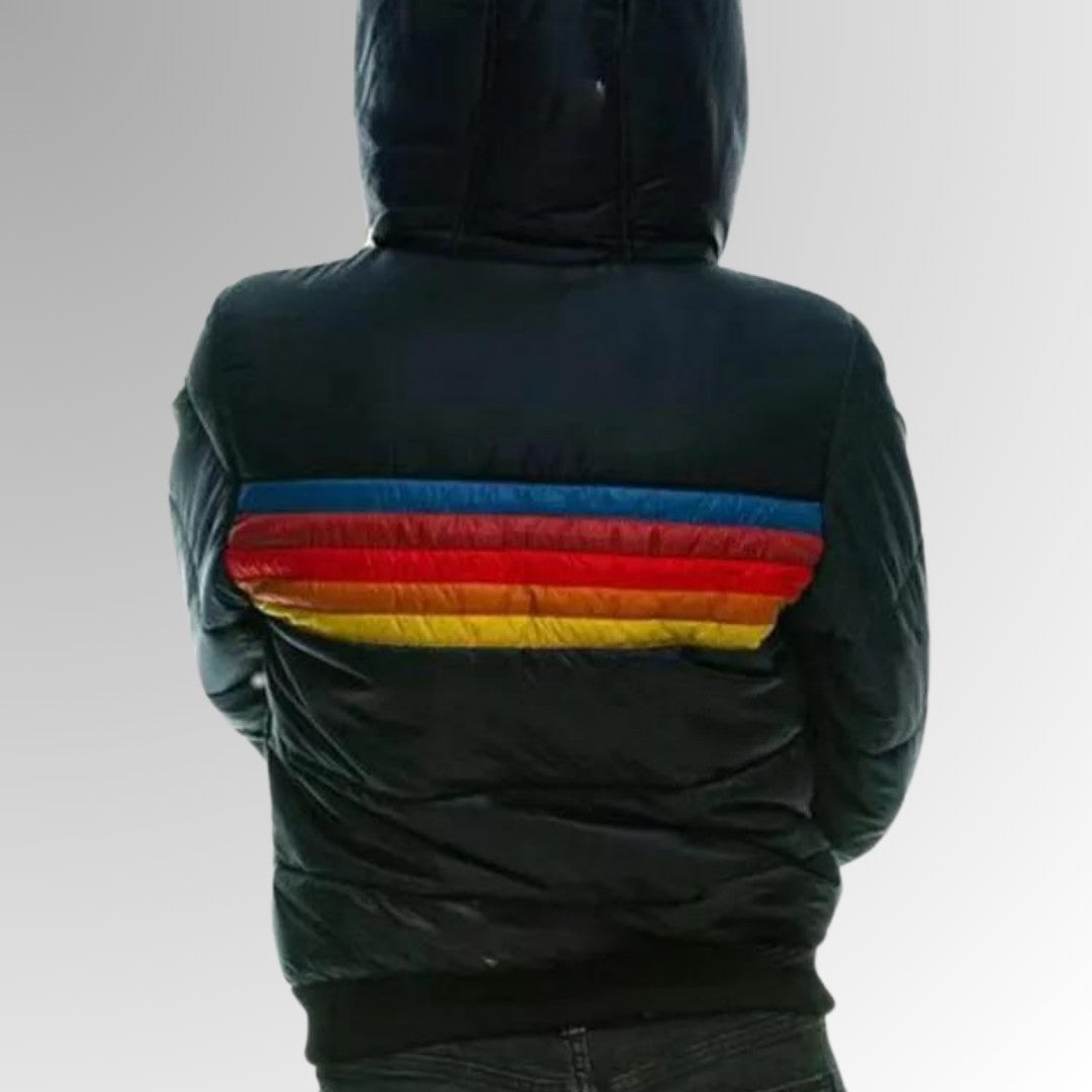 Damen-Steppjacke mit Kapuze, Retro-Streifen und Reißverschlusstaschen für den Winter, Ansicht 6