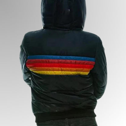 Damen-Steppjacke mit Kapuze, Retro-Streifen und Reißverschlusstaschen für den Winter, Ansicht 6
