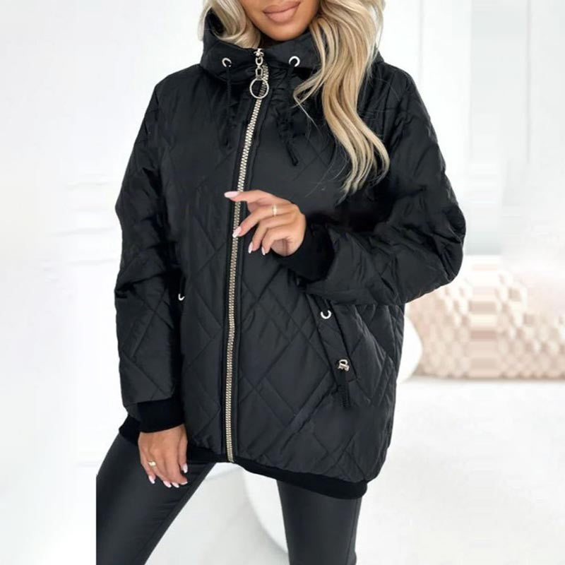 Damen-Steppjacke mit Rautensteppung, Kapuze mit Kordelzug und Reißverschlusstaschen in Schwarz