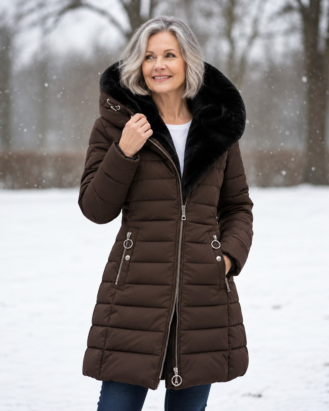 Damen-Steppmantel mit abnehmbarer Kapuze, Fleecefutter und Zwei-Wege-Reißverschluss für den Winter in Kaffeebraun