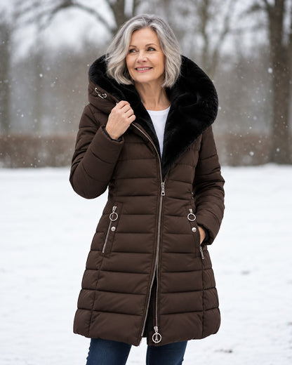 Damen-Steppmantel mit abnehmbarer Kapuze, Fleecefutter und Zwei-Wege-Reißverschluss für den Winter in Kaffeebraun