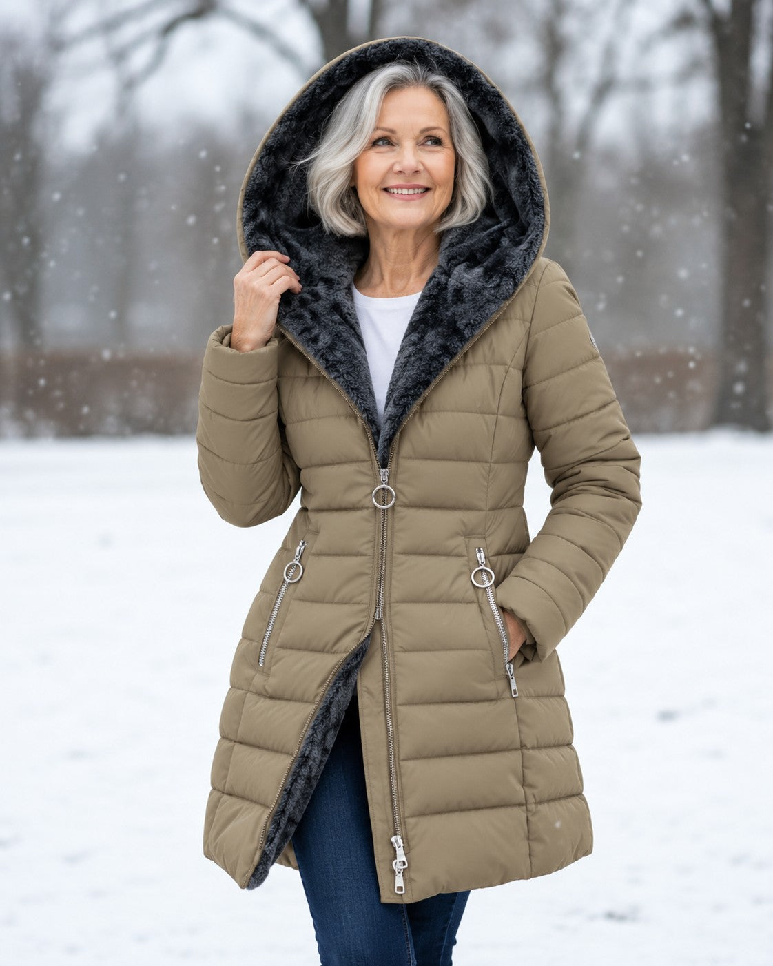 Damen-Steppmantel mit abnehmbarer Kapuze, Fleecefutter und Zwei-Wege-Reißverschluss für den Winter in Khaki