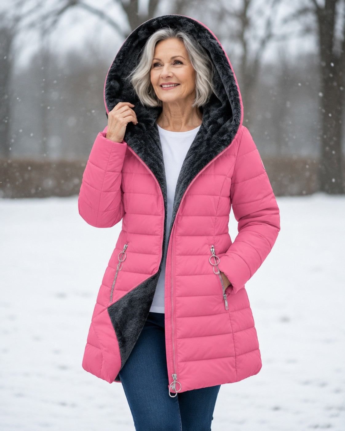 Damen-Steppmantel mit abnehmbarer Kapuze, Fleecefutter und Zwei-Wege-Reißverschluss für den Winter in Rosa