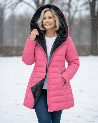 Damen-Steppmantel mit abnehmbarer Kapuze, Fleecefutter und Zwei-Wege-Reißverschluss für den Winter in Rosa
