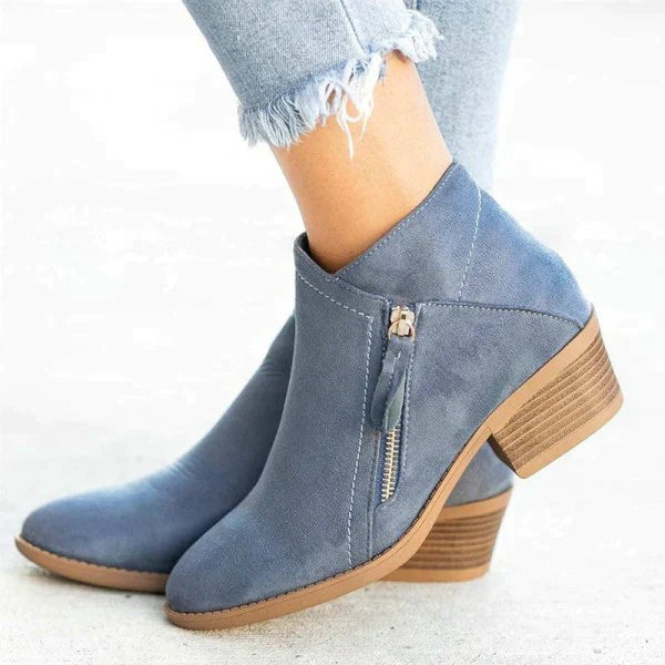 Damen-Stiefeletten in Veloursoptik mit seitlichem Reißverschluss und Blockabsatz in Blau