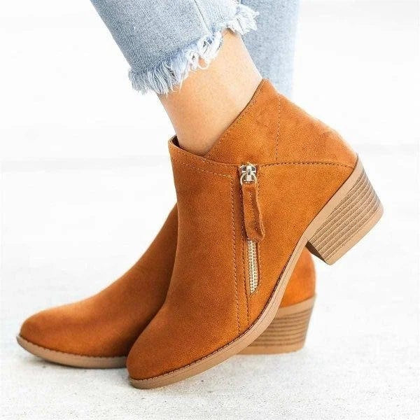 Damen-Stiefeletten in Veloursoptik mit seitlichem Reißverschluss und Blockabsatz in Orange